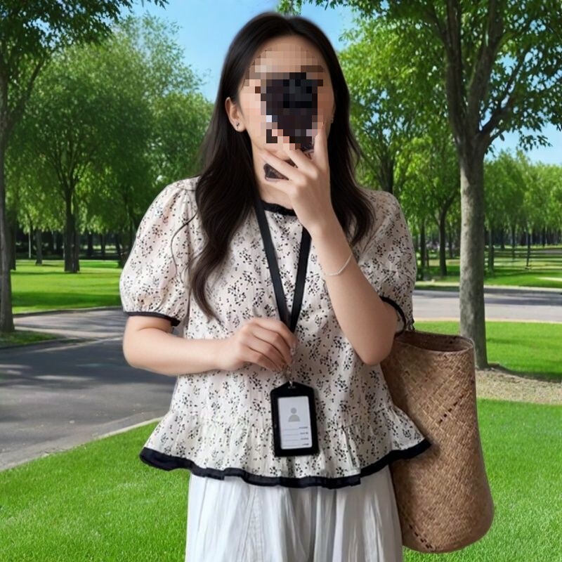 复古小碎花衬衣女2025夏新款时尚韩系撞色泡泡袖百搭显瘦减龄上衣|undefined