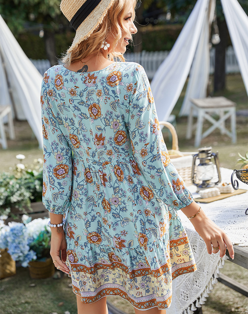 V Neck Long Sleeve Lace-Up Flower Print Dress NSDY114681