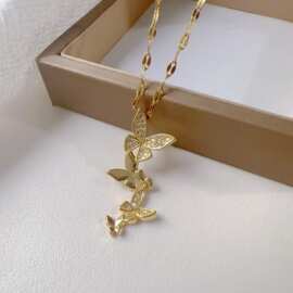 项链女 新款时尚气质百搭四只小蝴蝶风吊坠 微镶锆石项链女潮流