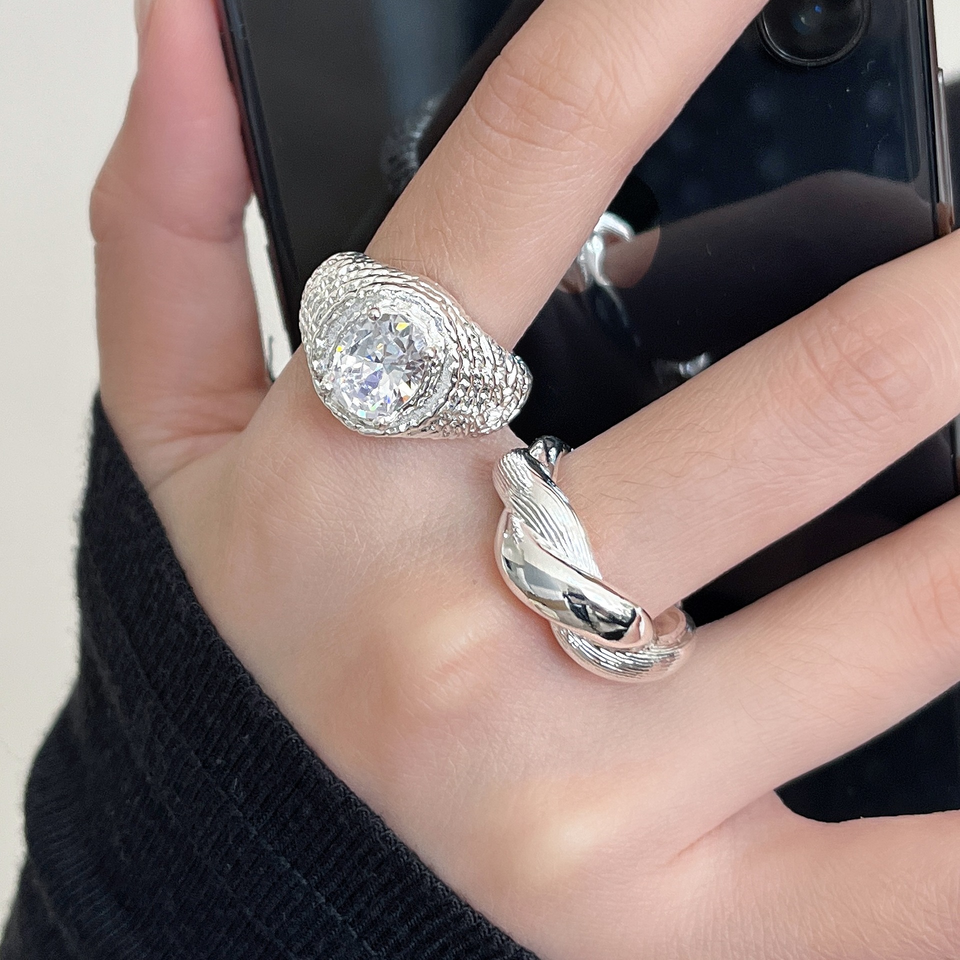Designer Ring S925 Sterling Silver Textured Dove Egg Cross Open_voghion.com