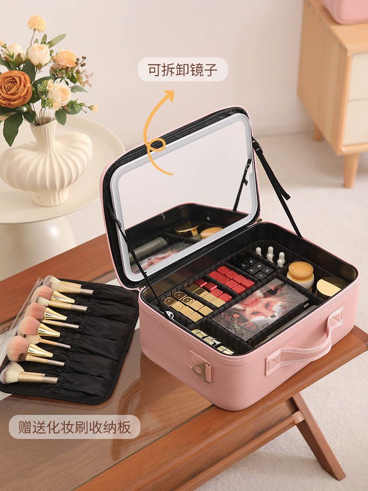 Bolsa de cosméticos al por mayor de fábrica 2025 nuevo estilo con espejo de luz LED productos para el cuidado de la piel almacenamiento de belleza maquillaje portátil de gran capacidad