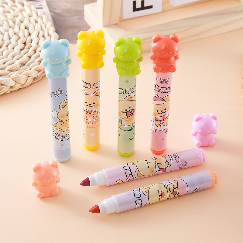 Exhibición en caja resaltador de oso, papelería para estudiantes, resaltador oblicuo de alto valor, marcador de clase, libro de mano de color