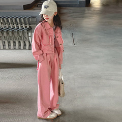 女童春秋牛仔套裝2024新款洋氣兒童網紅時髦女大童春裝休閒兩件套