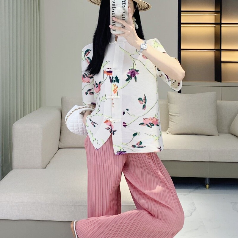 Miyake New Chinese Style Shirt Pleated Vintage Printed Celebrity Same Style Top Loose plus size Middle-aged Mother's Cardigan