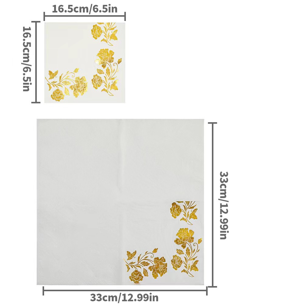Servilletas Desechables Estampadas de Peonía de Pulpa de Madera Natural con Detalles Dorados para Fiestas y Eventos