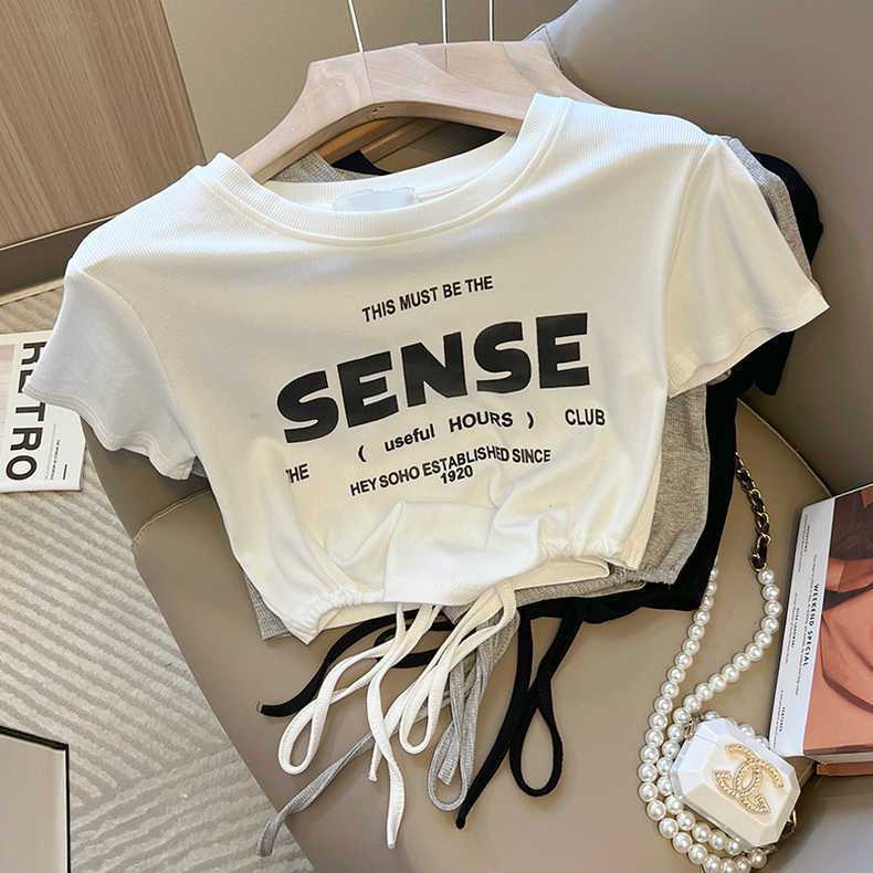 Casual Sports Drawstring Short Top for Women 2026 Summer Versatile Personalized Letter Print White T-Shirt Trendy