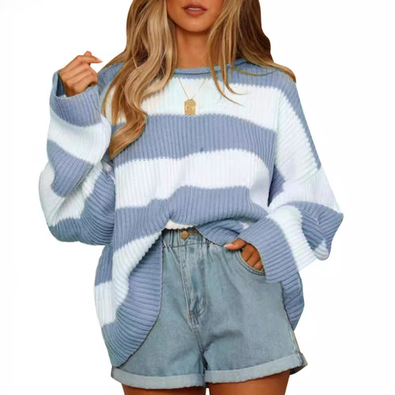 Cross-border Amazon Autumn and Winter Round Neck Long Color-matching Striped Knitted Shirt Pullover Women's Trumpet Sleeve Loose Sweater for Women