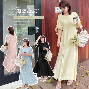 W1340 Xuanchen Plus Size Female Fat mm Summer New French Tea Break Style Dress Elegant Draped Fishtail Long Skirt