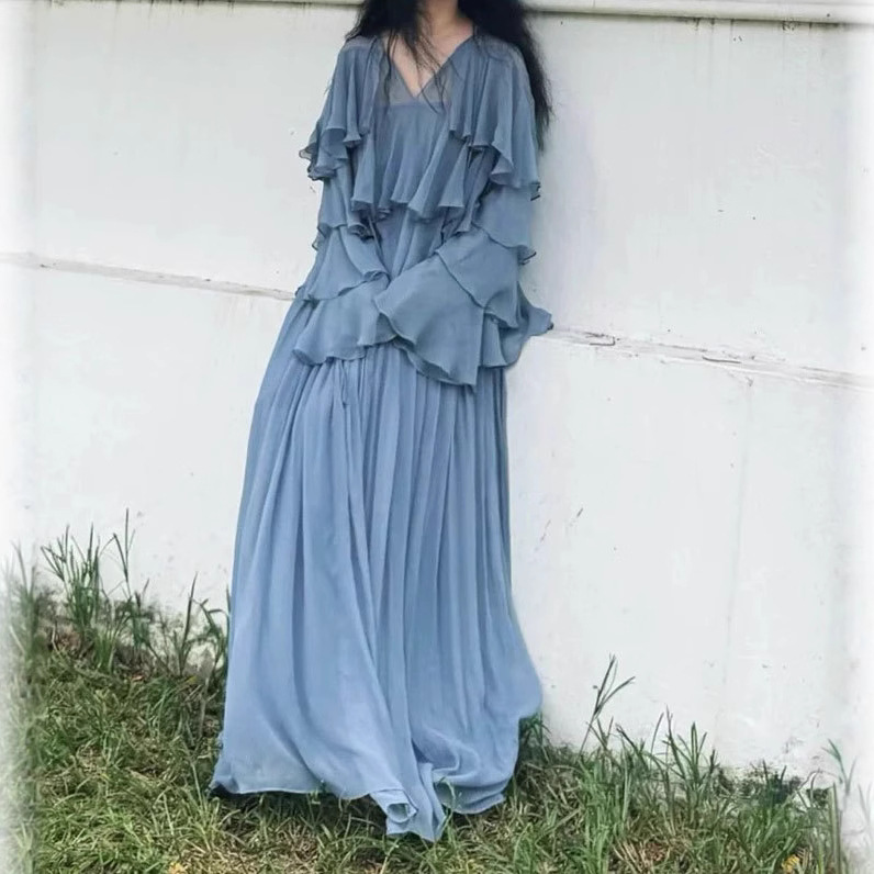 Spot 2025 Spring & Fall New Pure Color Ruffled Lace-Up Patchwork Shirt + Skirt Suit