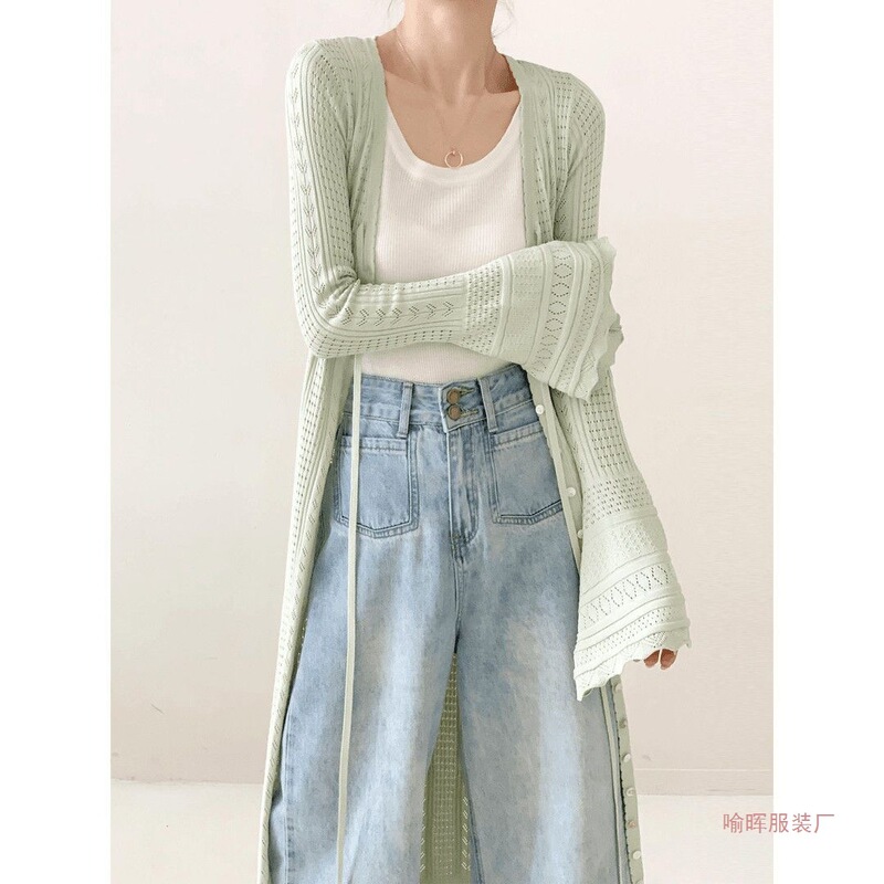New Stylish Long Knit Cardigan with Lace-Up Design, Hollow-Out Knitwear, Thin Sun-Protective Loose Top Cover-Up for Women