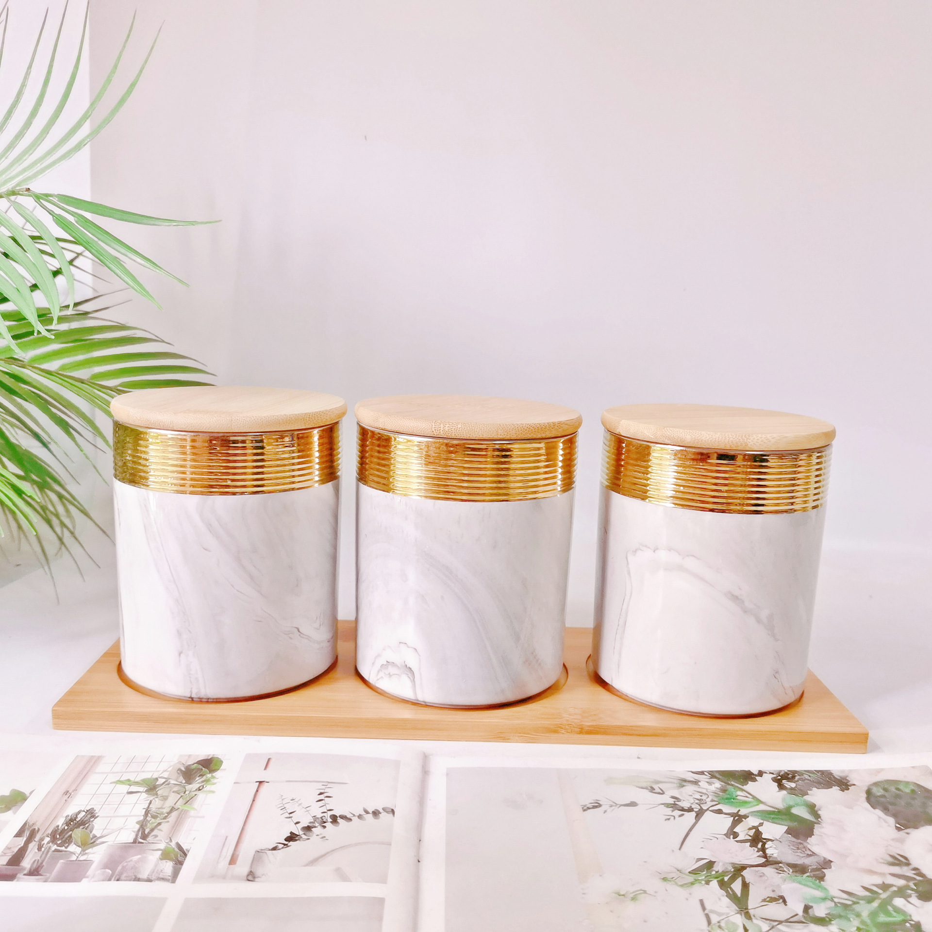Medio Oriente exportación galvanoplastia sellado tarro cerámica de tres piezas de almacenamiento tarro cocina condimento tarro caramelo tarro café tarro