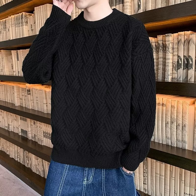 Sweater men's autumn and winter new fashion brand twist woven black bottoming sweater simple thickened casual sweater