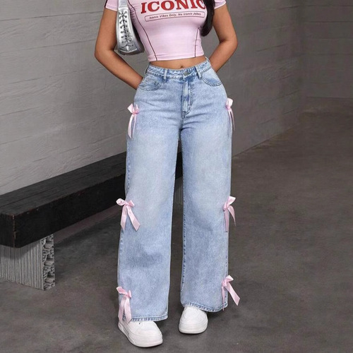 Cross-border Amazon Y2K street style hot girl bow tie washed jeans loose straight leg wide-leg pants JEANS