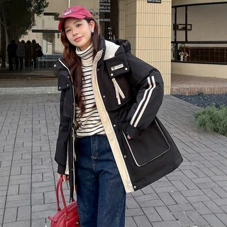 条纹2025年新款冬季宽松拼色棉袄外套女中长款休闲羽绒棉服加厚潮
