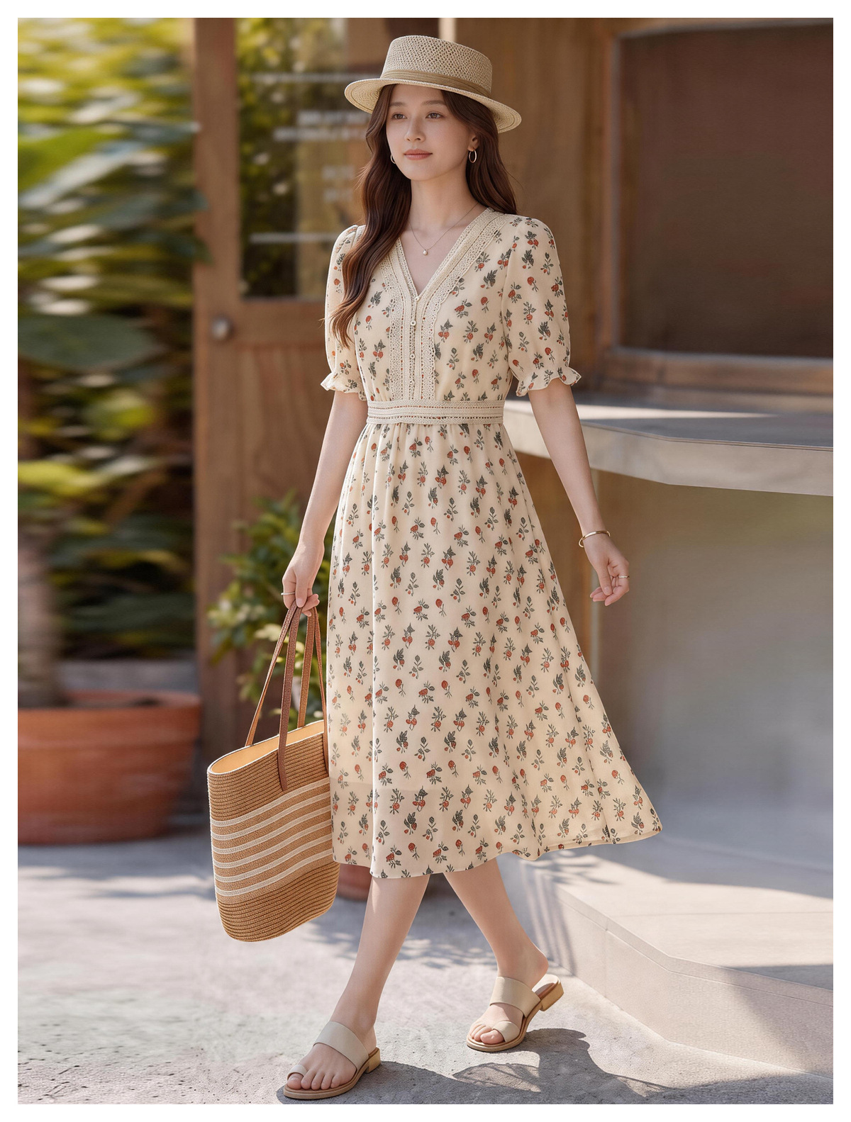 Đầm maxi nữ thắt eo tay ngắn cổ V in họa tiết dáng dài — màu be, màu trắng chi tiết 15
