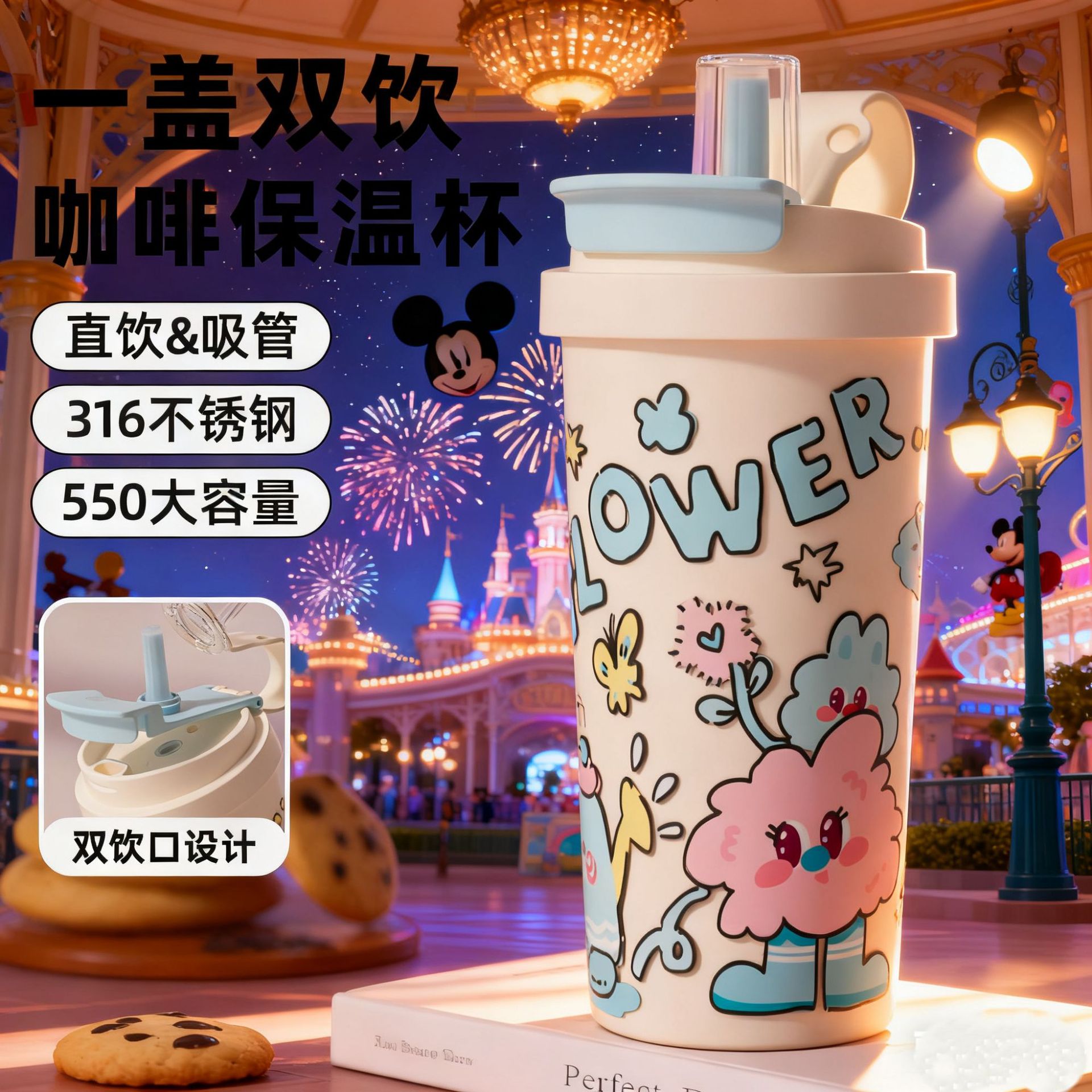 高颜值轻奢咖啡保温杯大容量水杯食品级不锈钢家用加厚卡通吸管杯