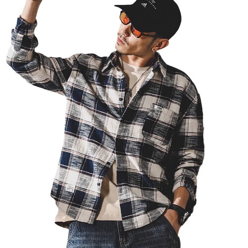 American Heavyweight Retro Plaid Shirt Men's Long Sleeve Loose Fall Trend Japanese Style Collar Shirt for Men Spring Autumn Outer Cross-border