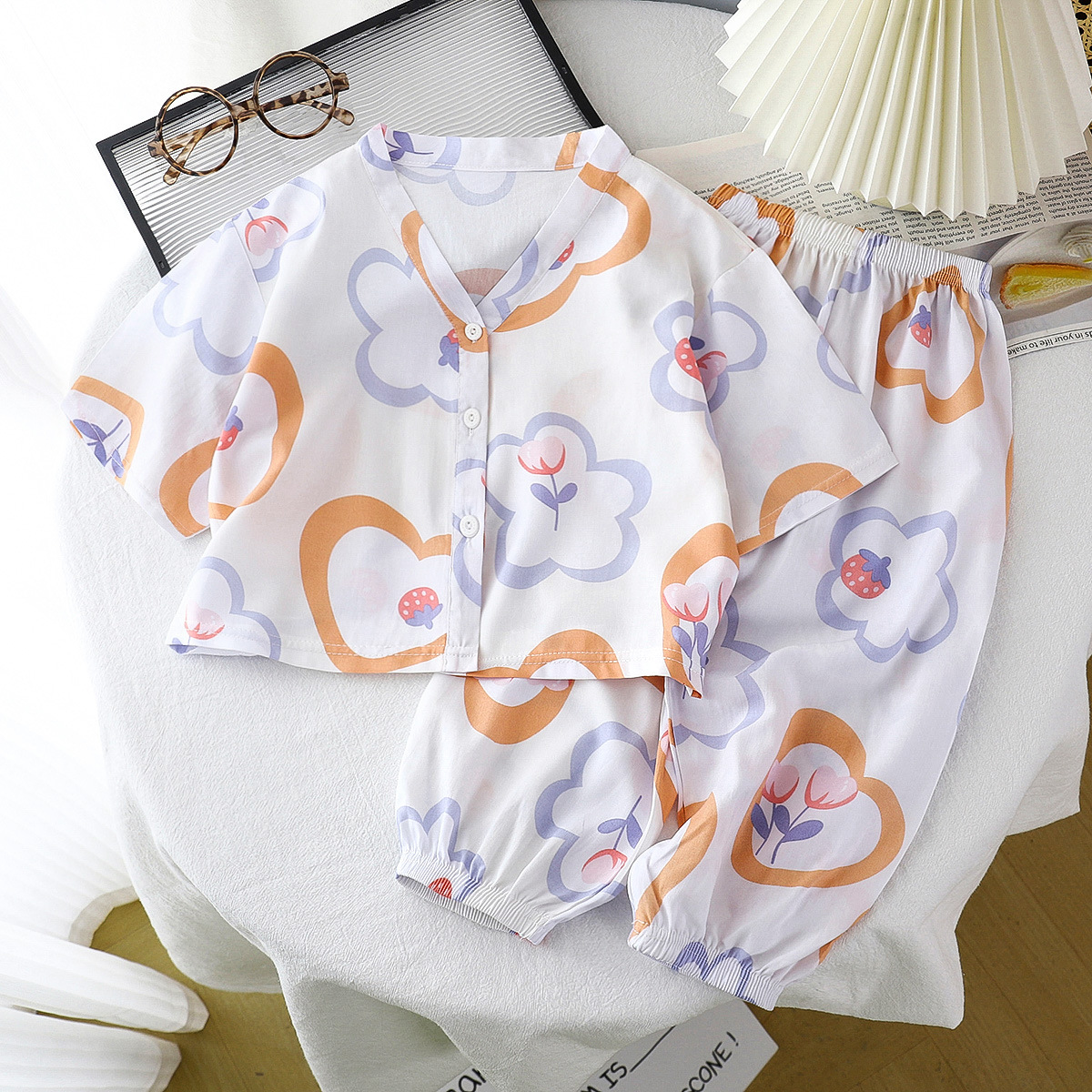 Ropa de hogar para niños, traje de seda de algodón, pijamas de verano para niños y niñas, ropa de algodón de dos piezas, ropa de aire acondicionado de seda de algodón de dos piezas, ropa para niños