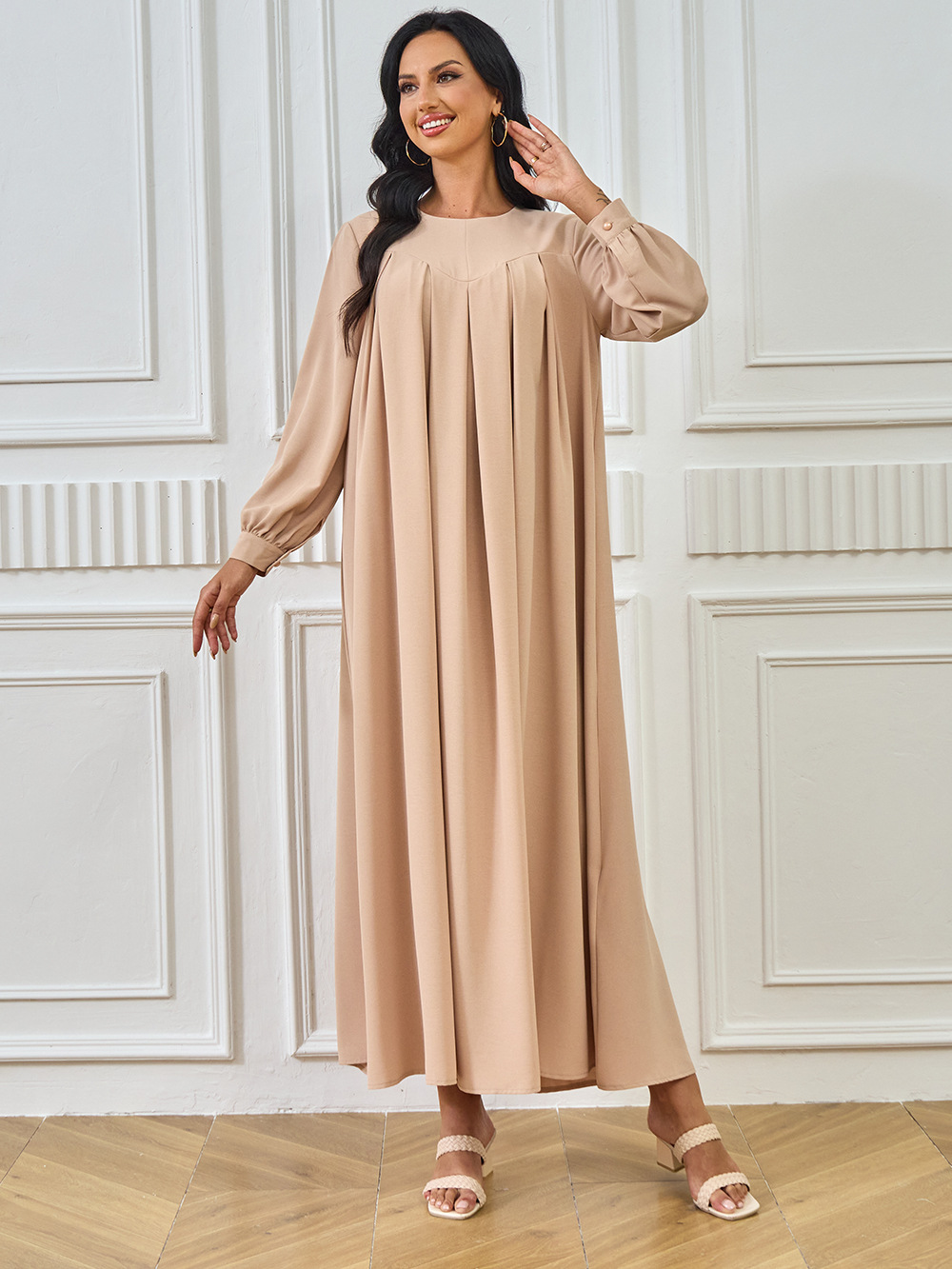 New Abaya Arab Cross-border Middle Eastern Muslim Robe Long-sleeved Solid Color Large Hem Dress Long Skirt Women's_ecoleips.com