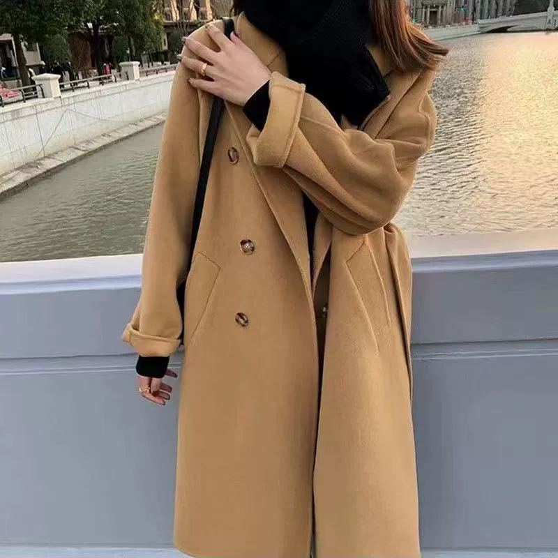 Взрывоопасное двустороннее шерстяное пальто от Интернет-знаменитостей, свободное повседневное Однотонное шерстяное пальто средней длины в Корейском стиле, в наличии