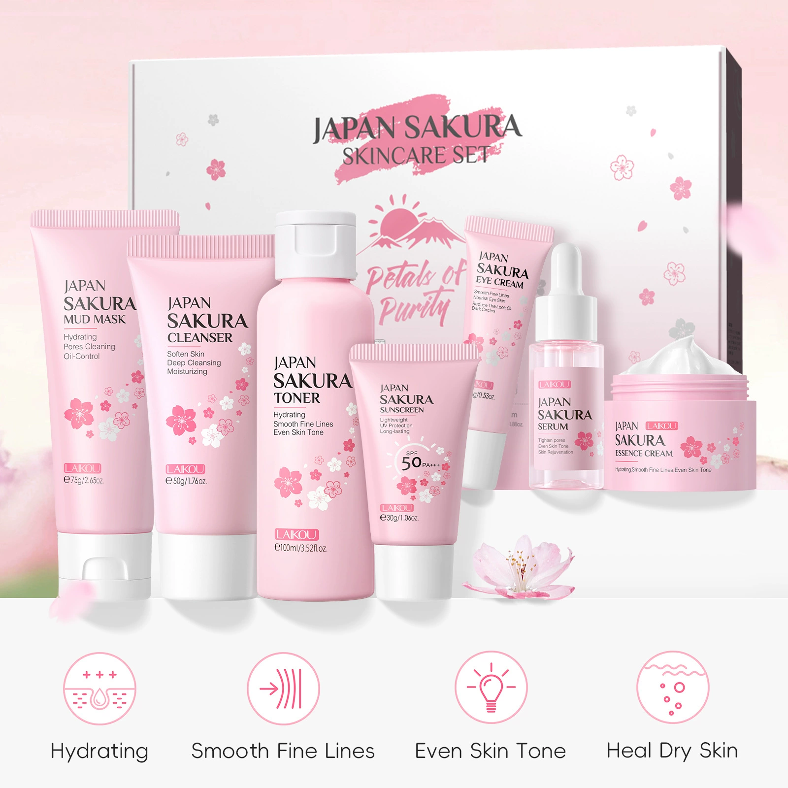 Набор по уходу LAIKOU Japan Sakura, 7 предметов — увлажняющее очищающее молочко, маска и сыворотка