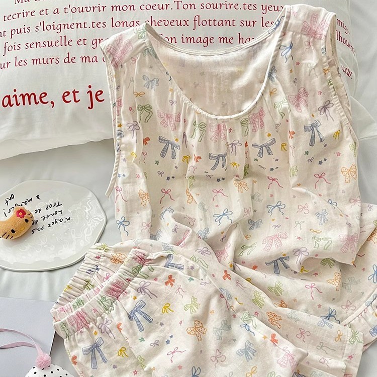 Cloud Cotton Milk White Bow Print Sleeveless Vest Shorts Pajamas Women's Plus Size Set Home Cute Style