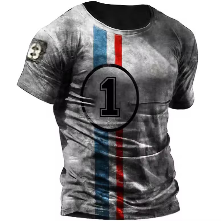 Camiseta de cuello redondo de manga corta transpirable de malla suelta de verano de los hombres con estampado 3D con estampado de lema retro clásico