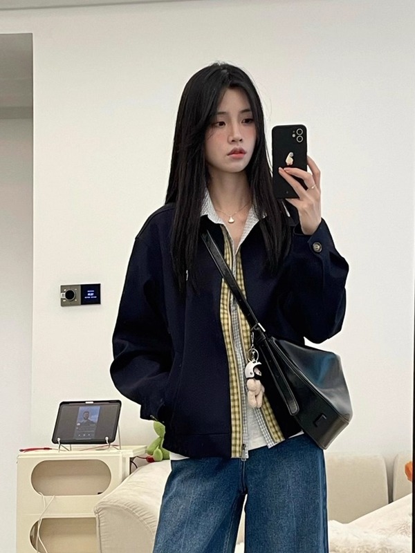 秋装搭配一整套韩系穿搭复古拼接夹克外套宽松牛仔阔腿裤两件套女|undefined