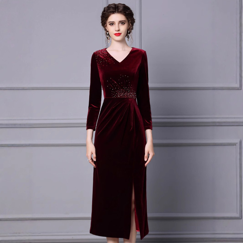 Shenzhen Nanyou Evening Dress Autumn and Winter New Wine Red Velvet Long Sleeve Nail Drill Long plus size Mother-in-law Dress