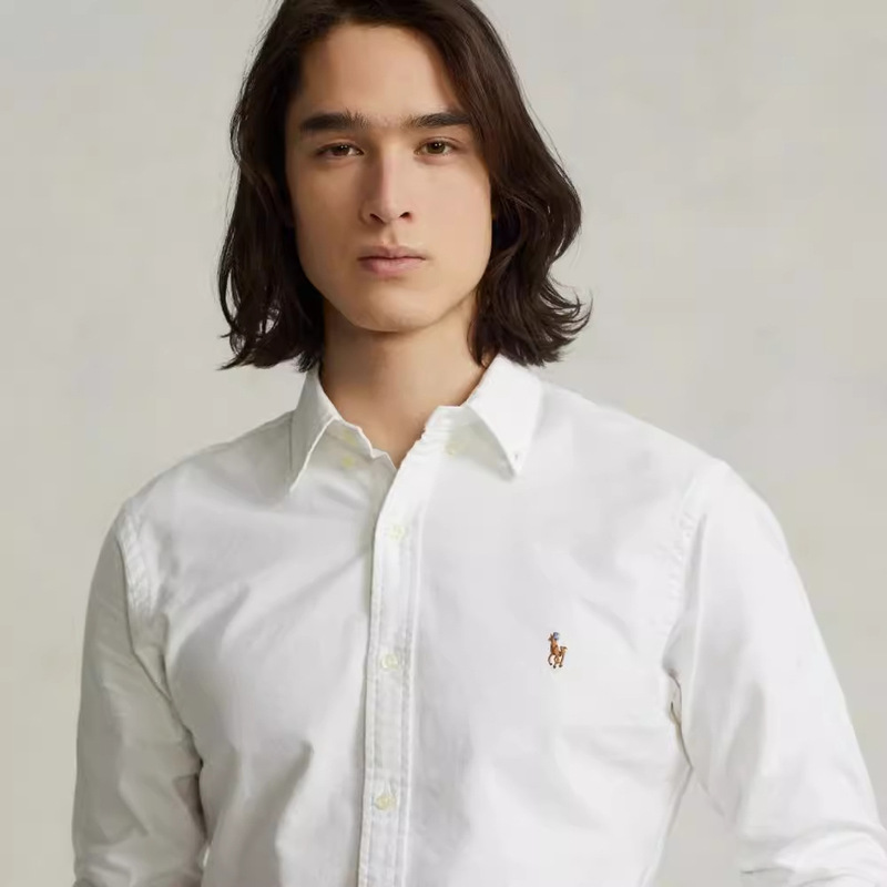 High-Quality Export Single Ralph Rl Scanable Men's and Women's Small Label Embroidered Classic Long-Sleeved Oxford Casual Shirt