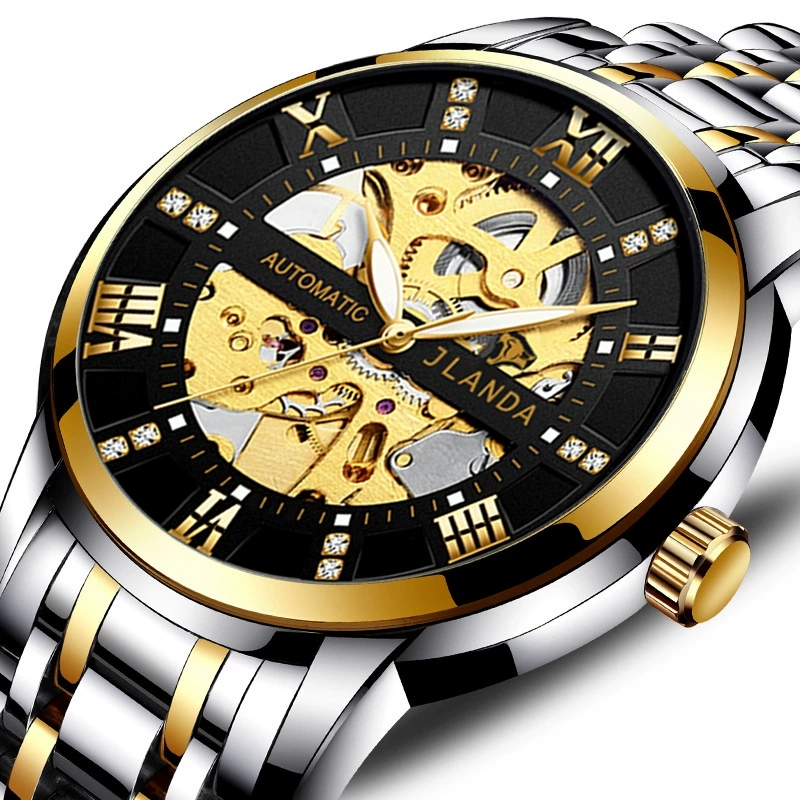 Мужские механические часы JLANDA Jinlangda для внешней торговли, полностью автоматические, с премиальным дизайном, из нержавеющей стали, водонепроницаемые, с прозрачной задней крышкой.