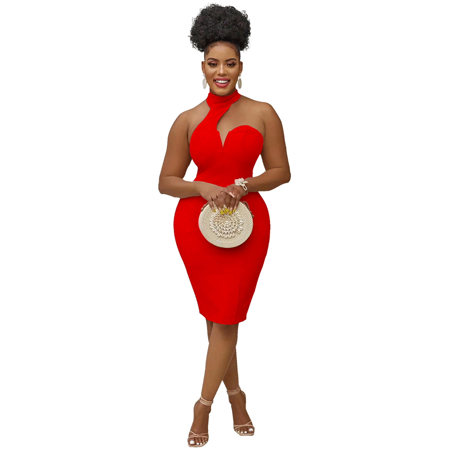 X5996 transfronterizos AliExpress Amazon europeo y americano de la moda de las mujeres color sólido cuello colgante envuelto pecho vestido sin mangas image 9