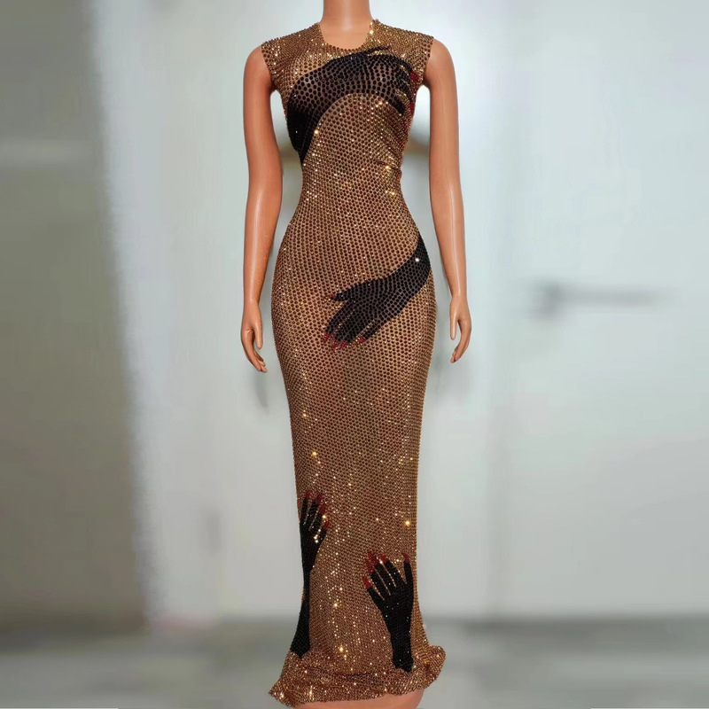 Host Model Party Quinceanera Full Diamond Sleeveless Long Birthday Banquet Dinner Long Dress Gown