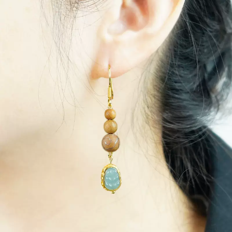 小叶紫檀手工木镶银祥云耳饰轻奢高级感耳环饰品S925耳线一叶暴富