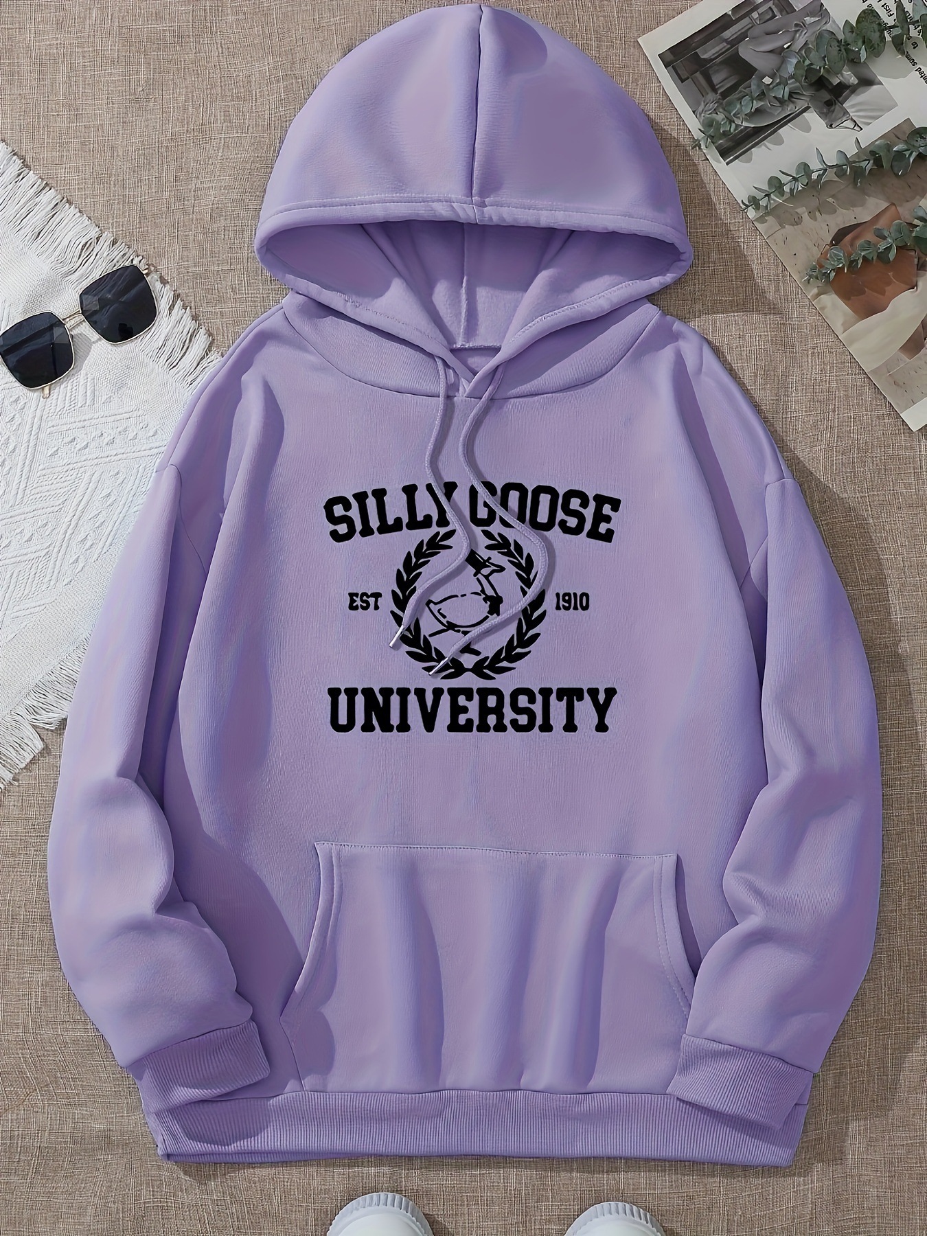 Silly Goose Print Hoodie, Casual Pocket Long Sleeve Tunic Hooded Sweatshirt, Women's Clothing