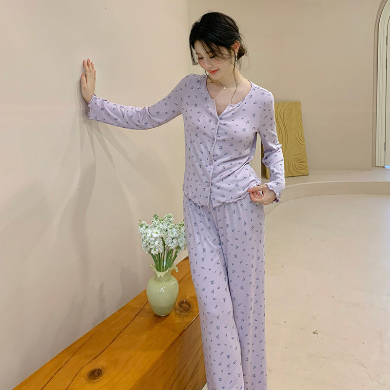 法式新款睡衣女带胸垫柔软舒适莫代尔长袖长裤睡衣套装软糯可外穿|undefined
