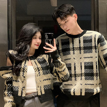 2023秋季新款情侣装大码格子学院风开衫毛衣外套