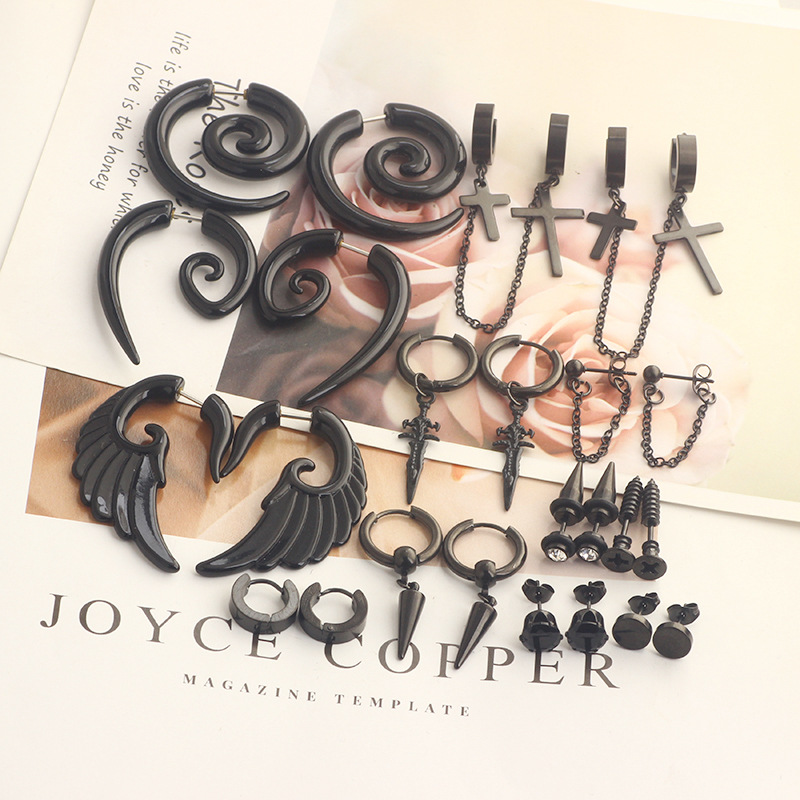 Black Cone Ear Studs Set for Men - Fashion Geometric Stainless Steel Earrings detail image 10