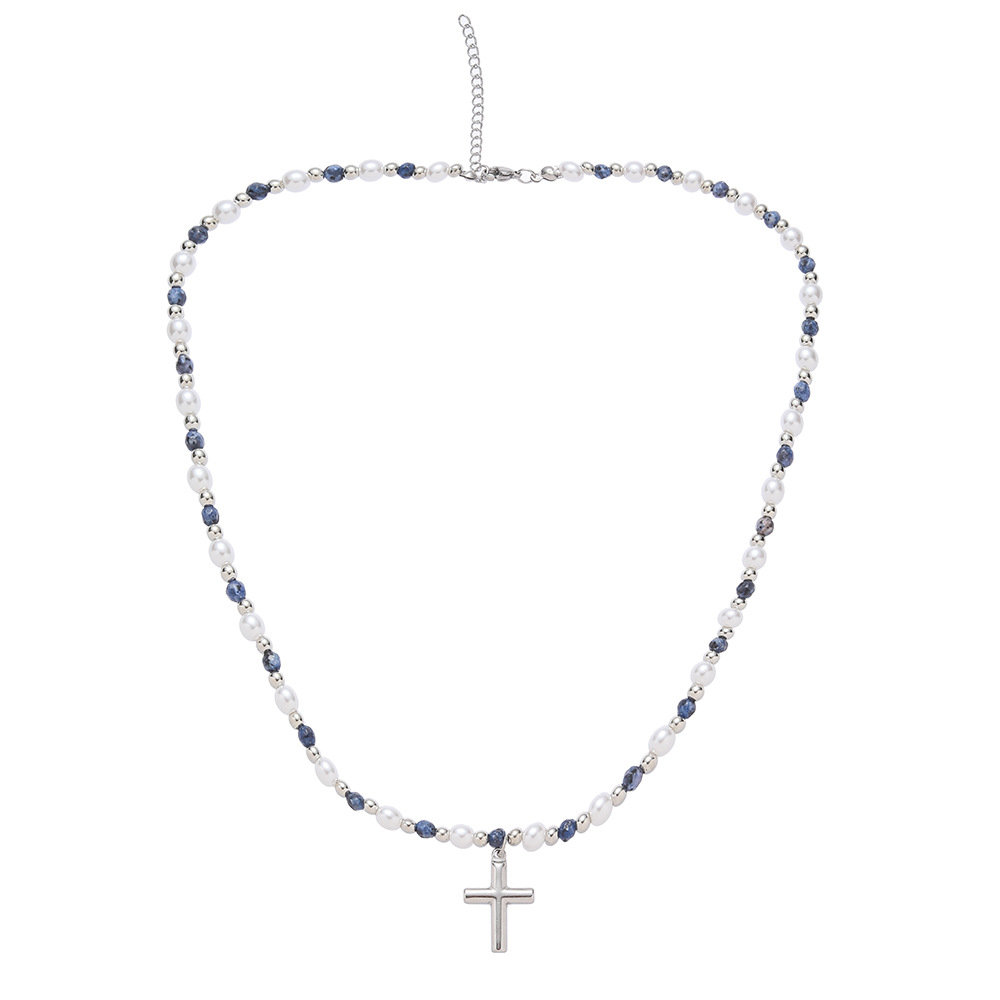 Collier pendentif croix pour homme, orné de perles et de pierres, fait main, très tendance._voghion.com