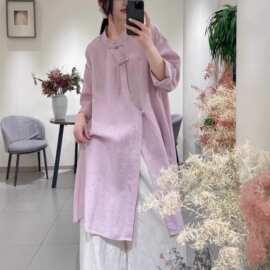 立领斜襟盘扣中长款亚麻衬衫女2026新款禅意风女装新中式茶服女