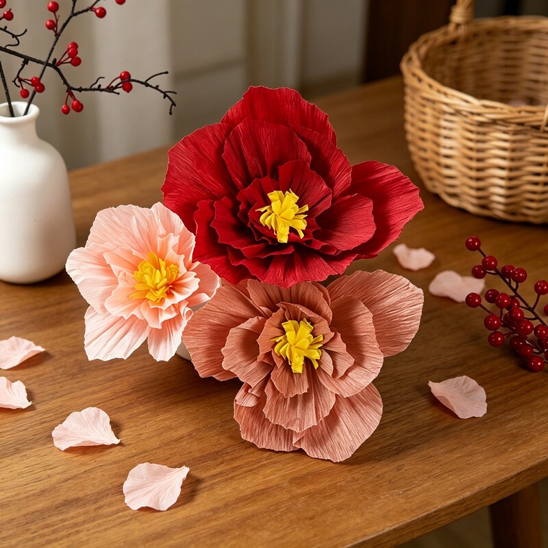 Chinese-Style Pleated Paper Art Peony Flowers, Decorative Items for Trendy Shopping Malls, Handmade Crepe Paper Flowers for Wedding Reception Areas