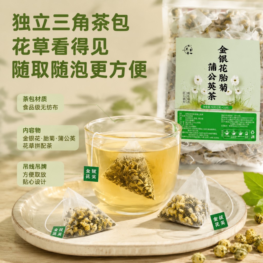 Honeysuckle Chrysanthemum Jasmine Herbal Tea Bags 50g 25 Pyramid Sachets Sugar Free Hot Brew key features