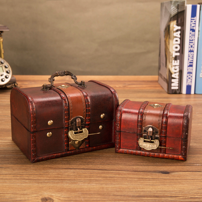 European Creative Old Wooden Box Treasure Box Antique Wooden Box Packaging Box Jewelry Box with Lock Storage Secret Room Props