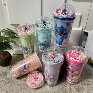 Cross-Border New High-Looking Summer Internet Celebrity Stitch Cartoon Plastic Water Cup Straw Water Cup Double-Layer Crushed Ice Cup