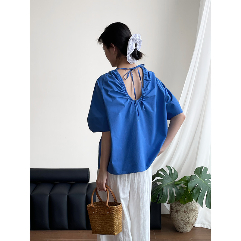 [Benefit Item, No Returns or Exchanges] Korean Style Back-Tie Backless Blouse for Women, Ruched Round Neck Shirt Top 2731