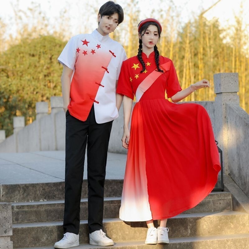 Class Uniform Chinese Style Dress Graduation Summer High School Student Retro Hanfu Red Song Chorus Stage Performance Costume Class Uniform Chinese Style Dress Graduation Summer High School Student Retro Hanfu Red Song Chorus Stage Performance Costume