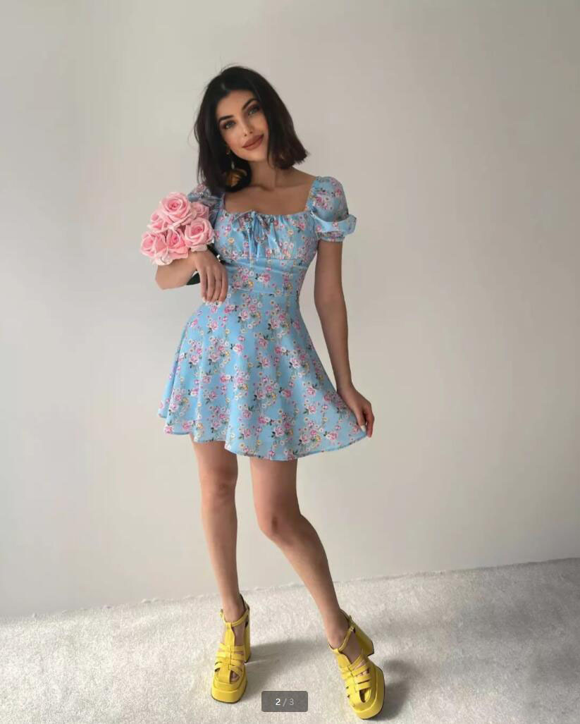 Fashion Printing Square Neck Short Sleeve Printing Zipper Polyester Above Knee A-Line Skirt