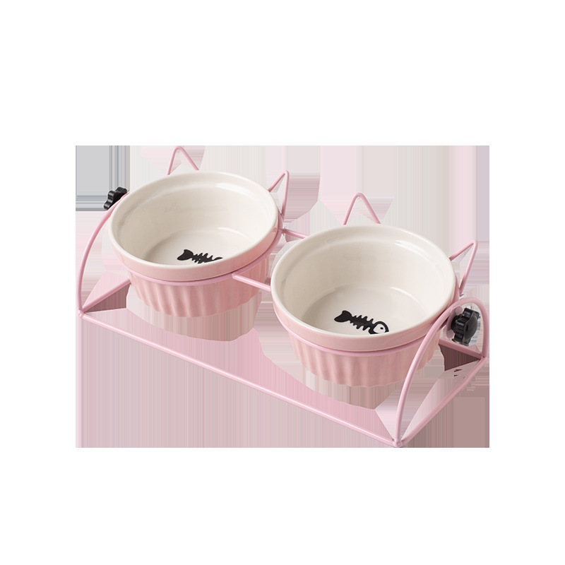 Tazón de cerámica para gatos, cuello de protección de pies altos, soporte de fijación de doble tazón anti-derroque para mascotas, tazón de alimentación para perros y gatos, ángulo de inclinación ajustable