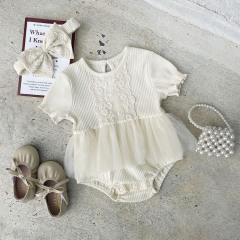 ins夏款嬰兒網紗哈衣裙女寶寶公主蕾絲繡花坑條連體衣周歲滿月服