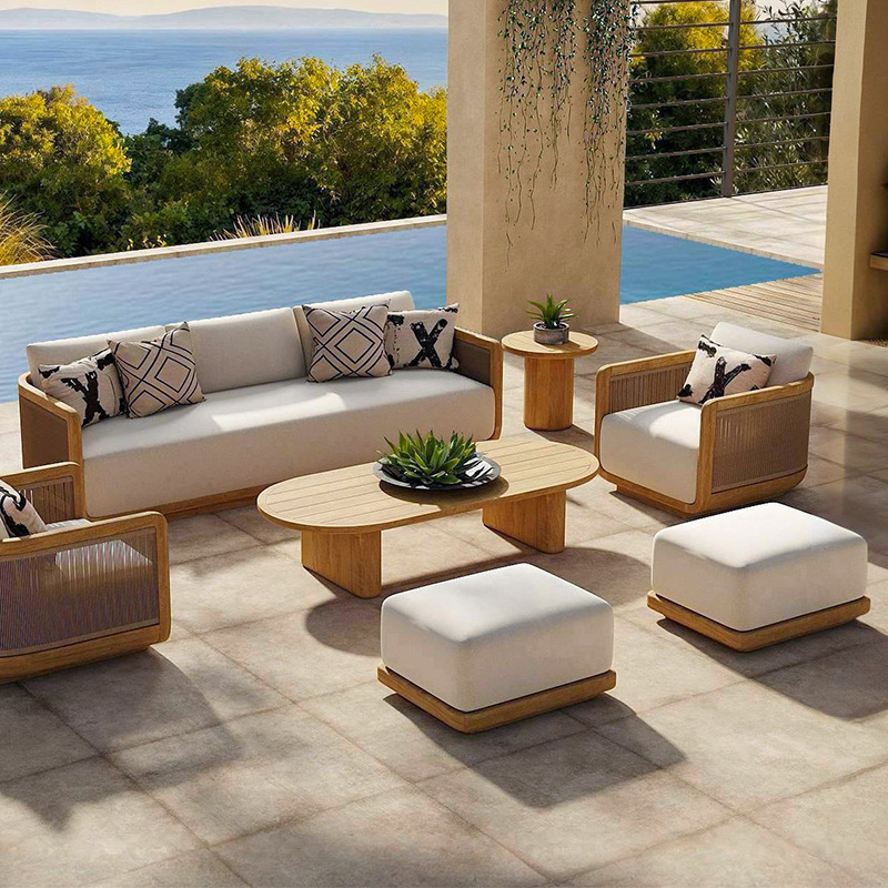 Sofá de teca al aire libre patio jardín piso aéreo vivienda impermeable anticorrosión diseñador de muebles de tela de caña al aire libre